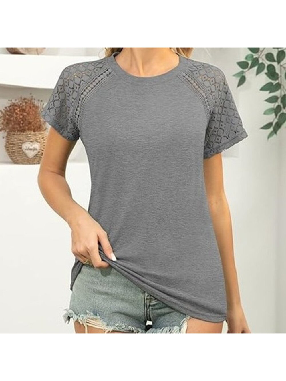 Luxveer Women's Lace Short Sleeve Tops Dressy Casual Blouse Gray Size XXL